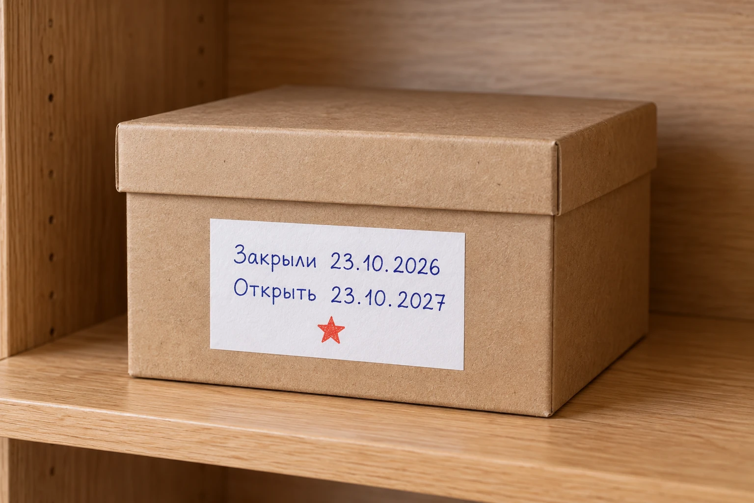 Закрытая коробка стоит на полке; на наклейке указаны даты закрытия и открытия
