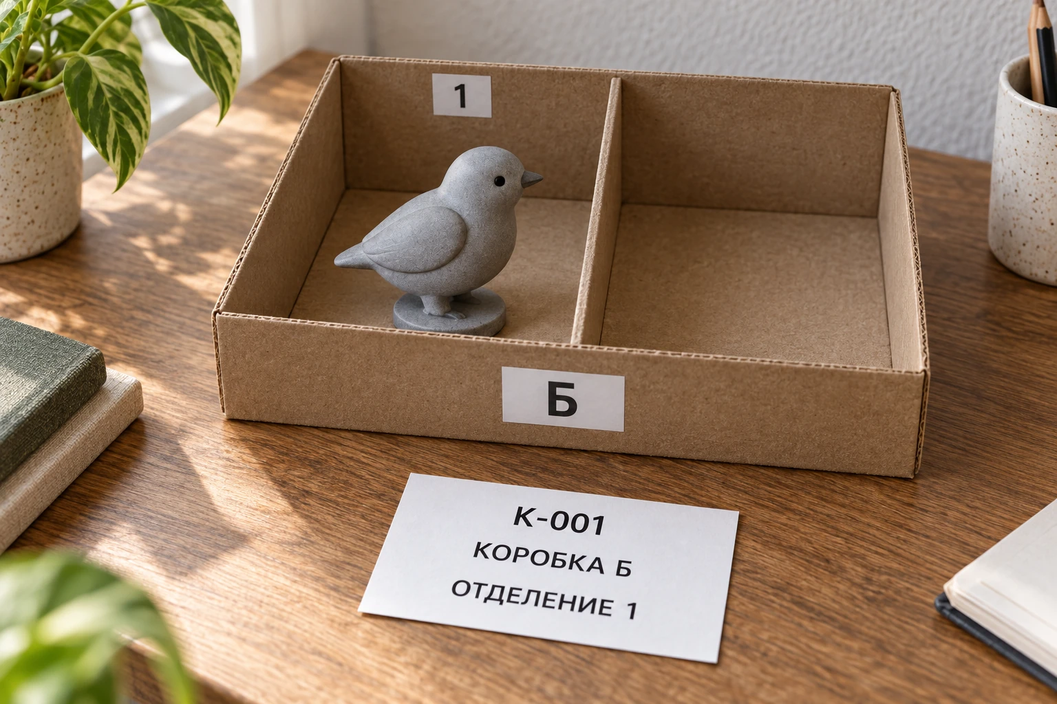 Птица К-001 стоит в отделении 1 коробки Б; рядом запись с новым местом, соседнее отделение пусто