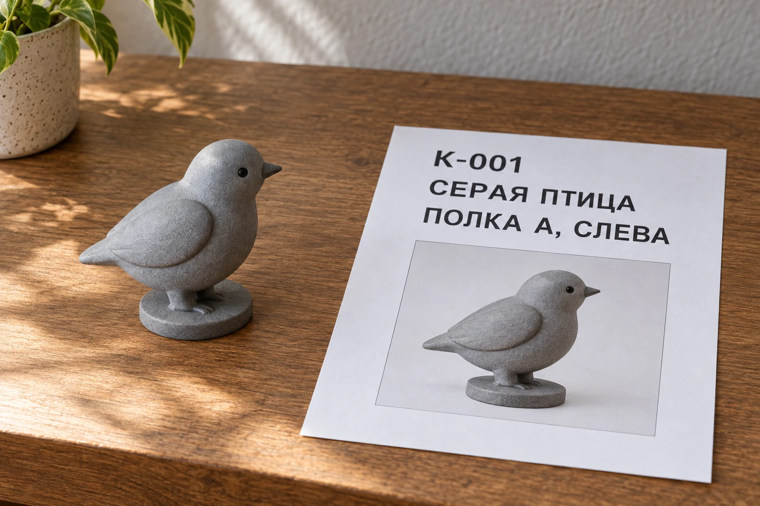 Одна серая фигурка птицы рядом с записью К-001 и её печатным фото; место указано как «полка А, слева»