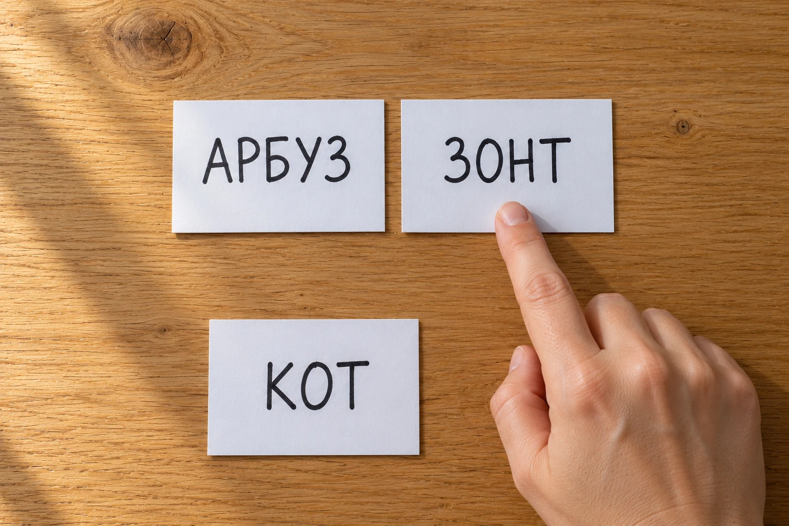 Рядом лежат карточки «АРБУЗ» и «ЗОНТ»; «КОТ» отложен ниже. Палец указывает на «ЗОНТ».