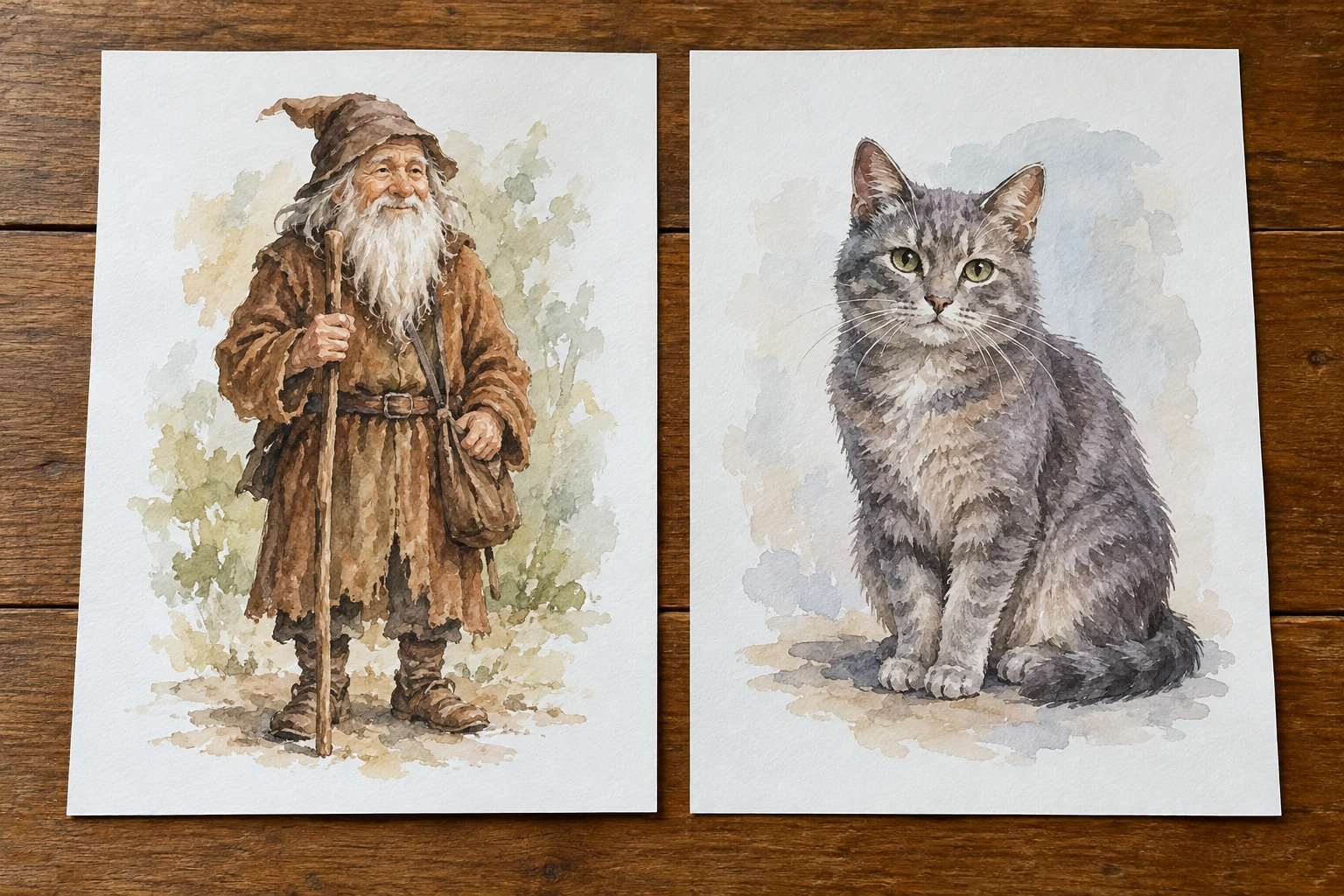 Два рисунка на отдельных листах: старичок и серая кошка
