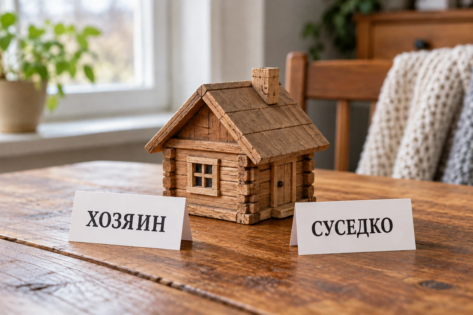 Макет дома и две карточки с надписями «хозяин» и «суседко»