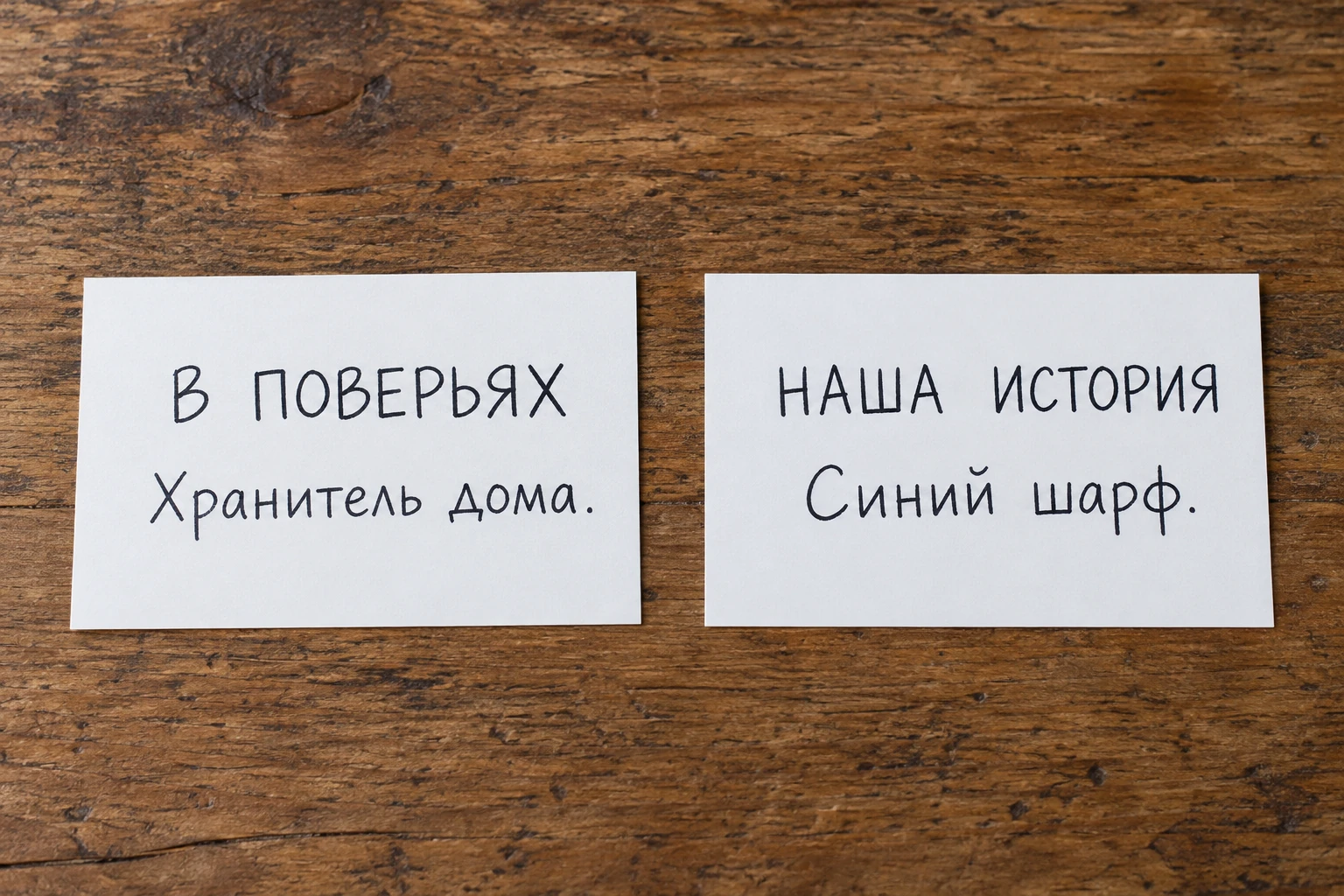 Две карточки: «В поверьях — хранитель дома» и «Наша история — синий шарф»