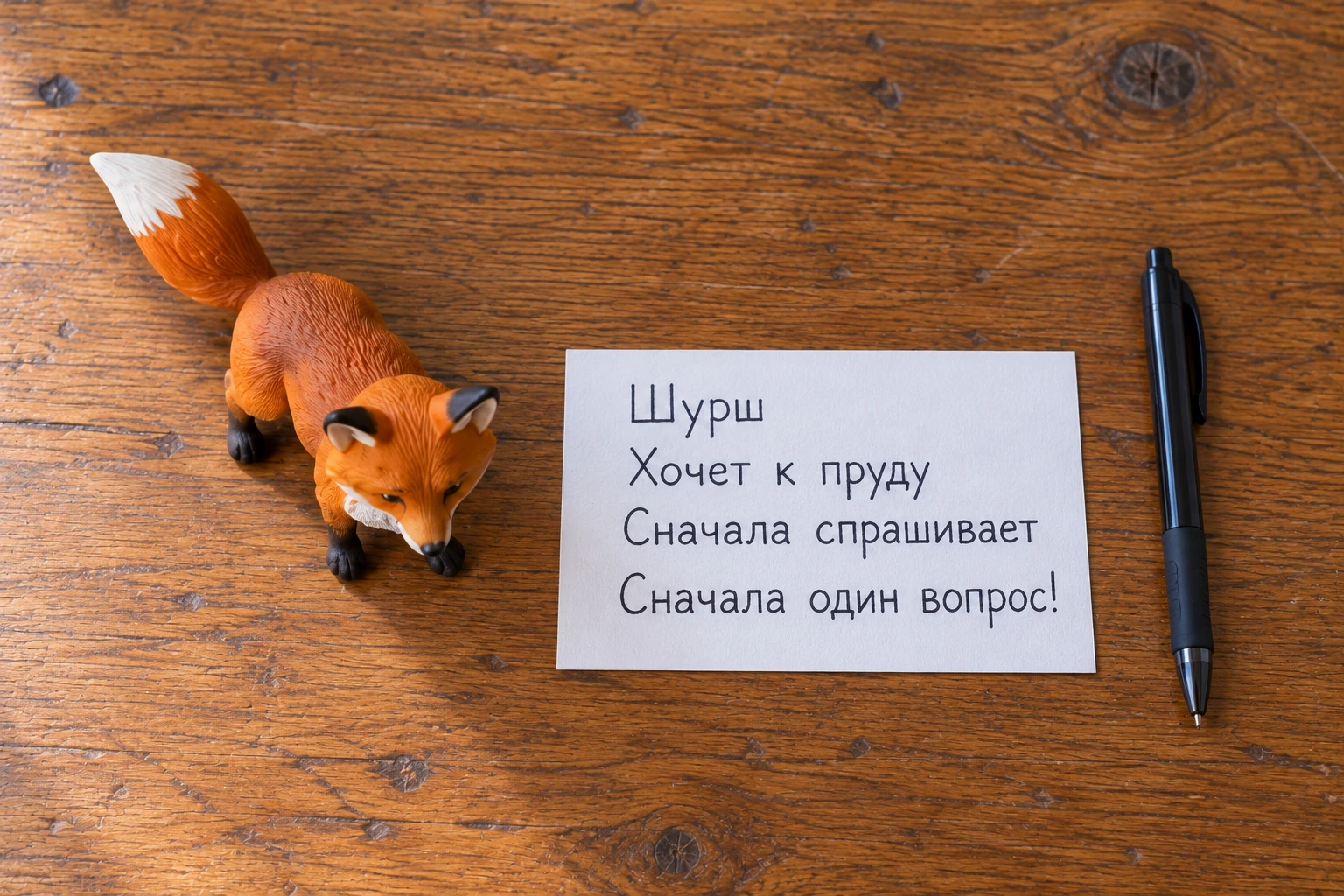 Рыжий лис рядом с карточкой: имя, желание, привычка и первая реплика