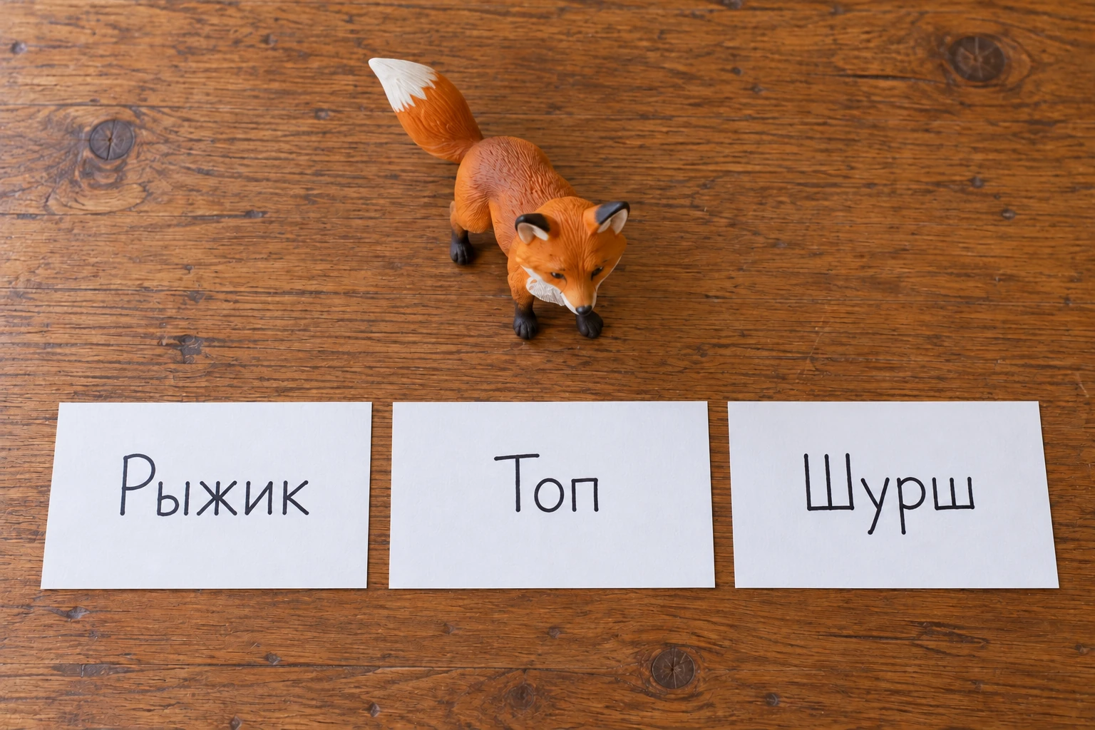 Рыжая фигурка лиса рядом с тремя карточками: «Рыжик», «Топ» и «Шурш»