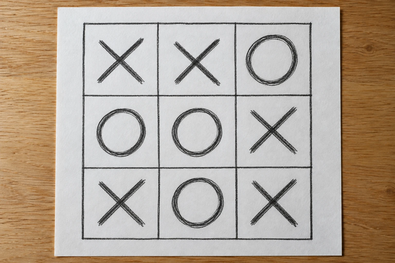 Заполненное поле 3×3: верхний ряд — X, X, O; средний — O, O, X; нижний — X, O, X.