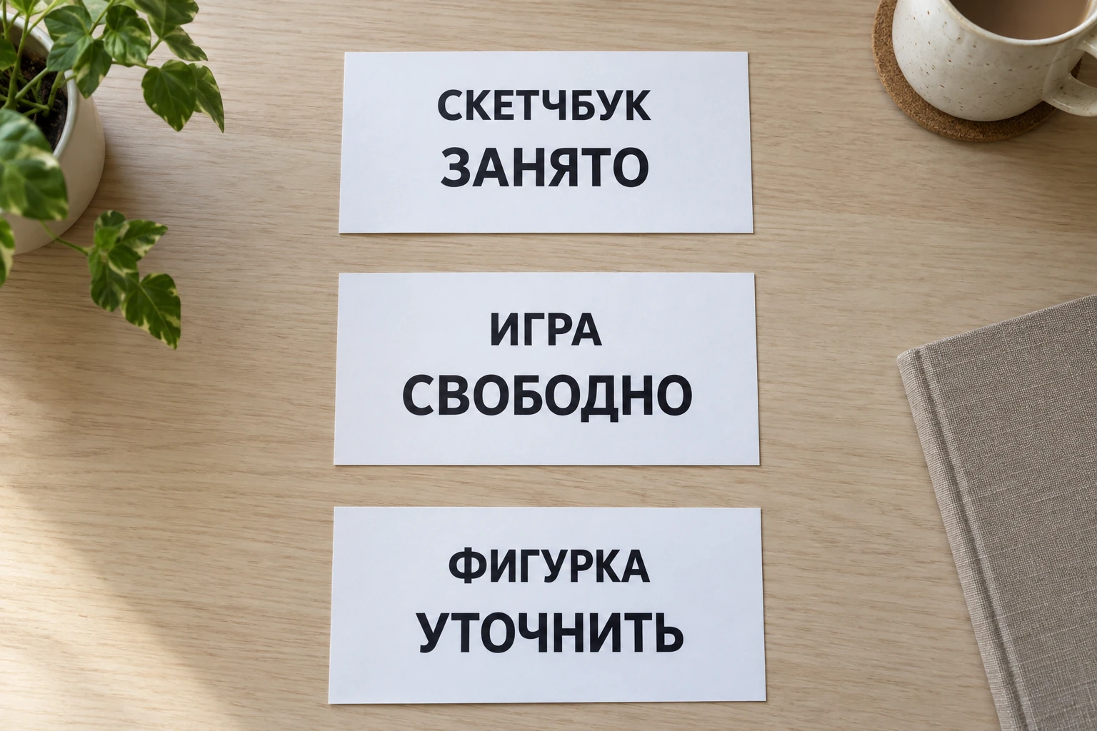 Три карточки со статусами: скетчбук — занято, игра — свободно, фигурка — уточнить