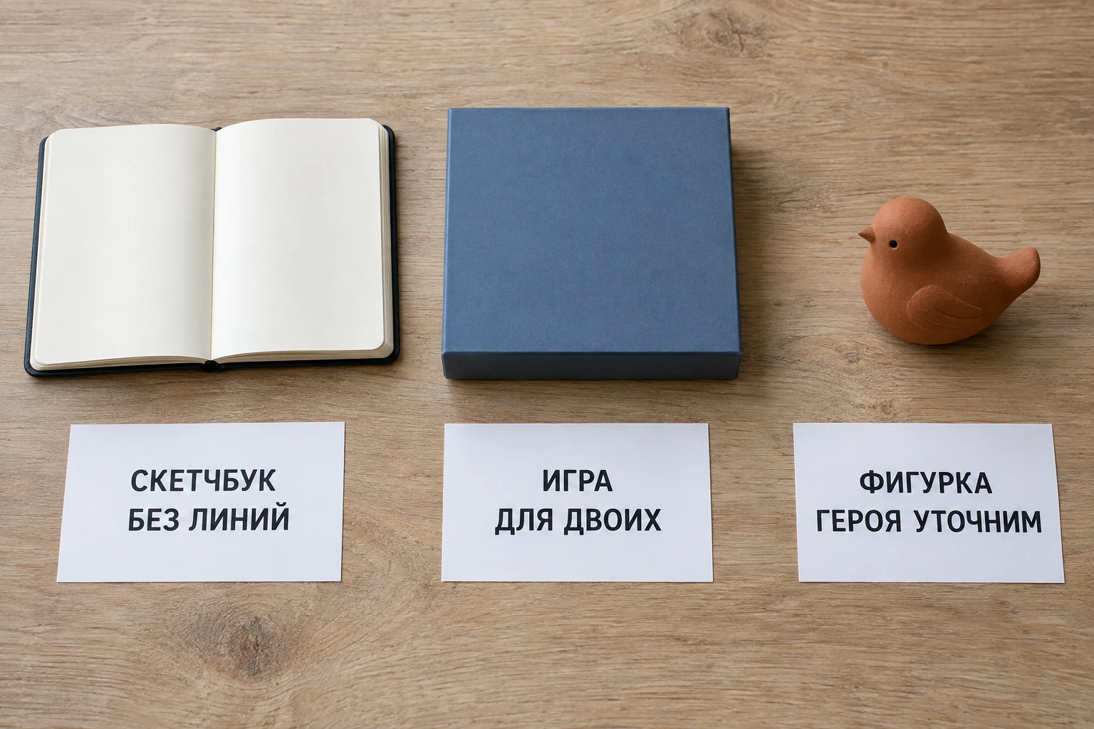 Открытый скетчбук, условная коробка игры и фигурка птицы; под ними карточки с уточнениями пожеланий