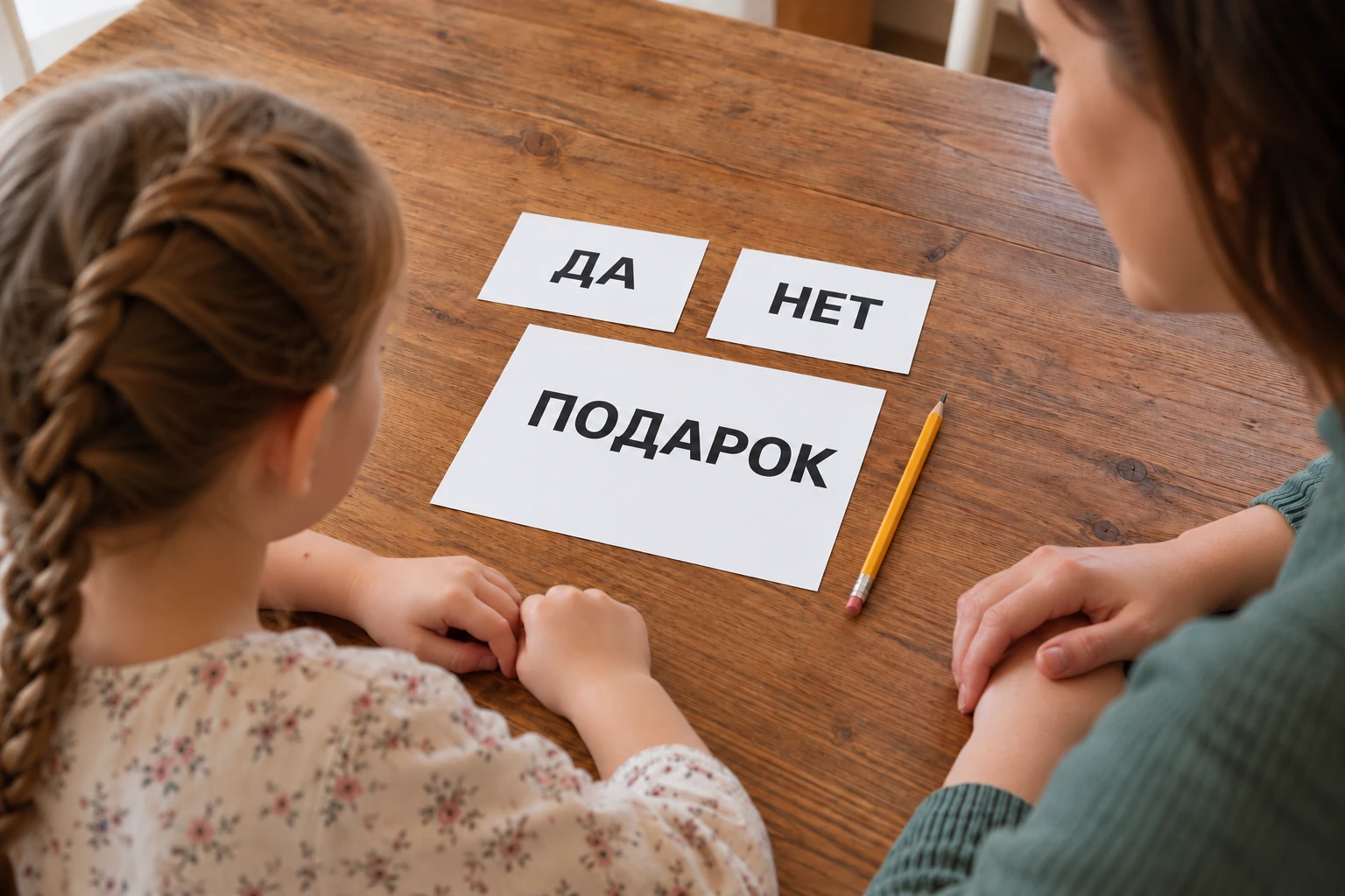 Ребёнок и взрослый у стола с карточками «ДА», «НЕТ» и листом «ПОДАРОК»