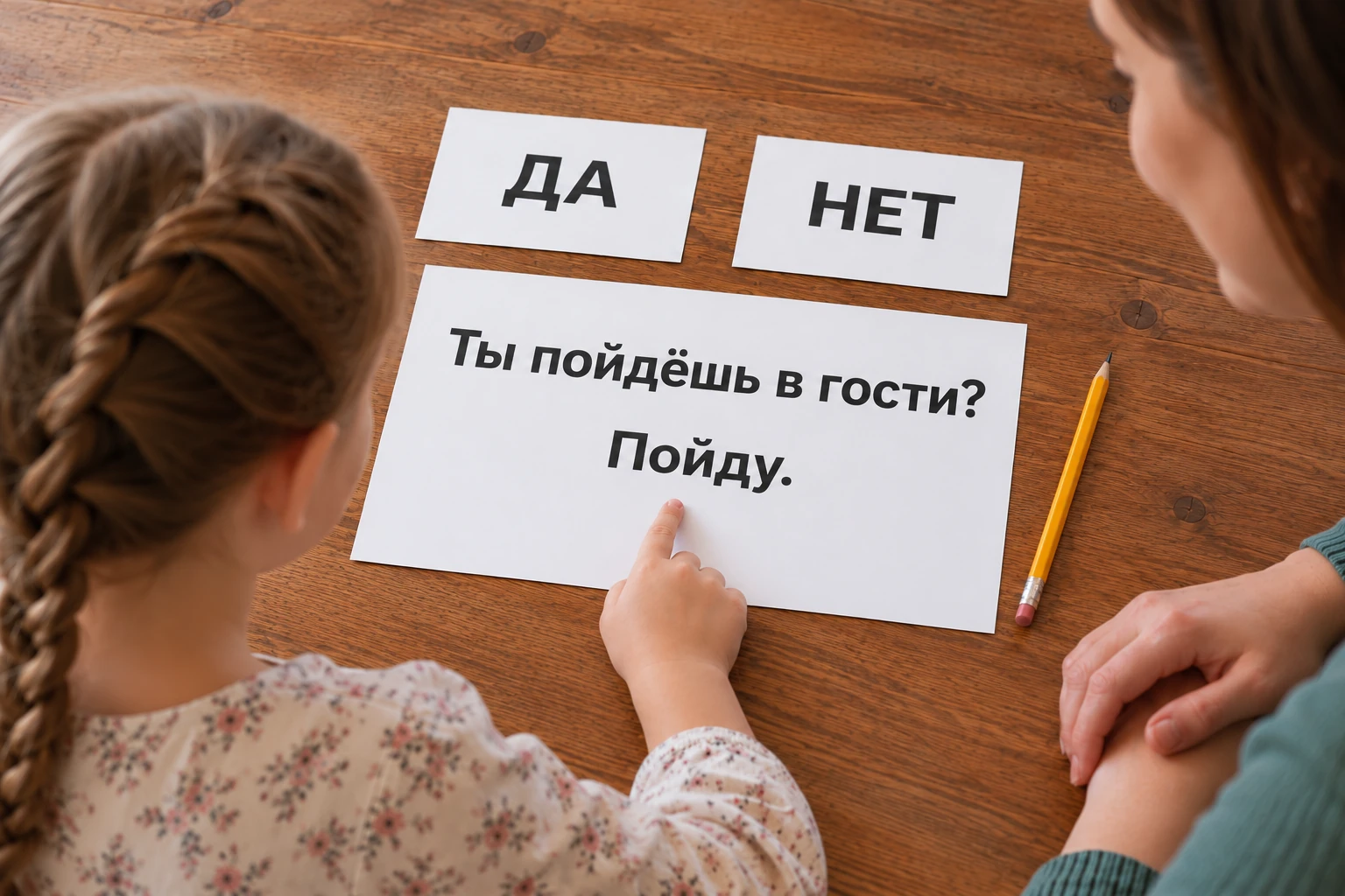 На листе вопрос «Ты пойдёшь в гости?» и ответ «Пойду»
