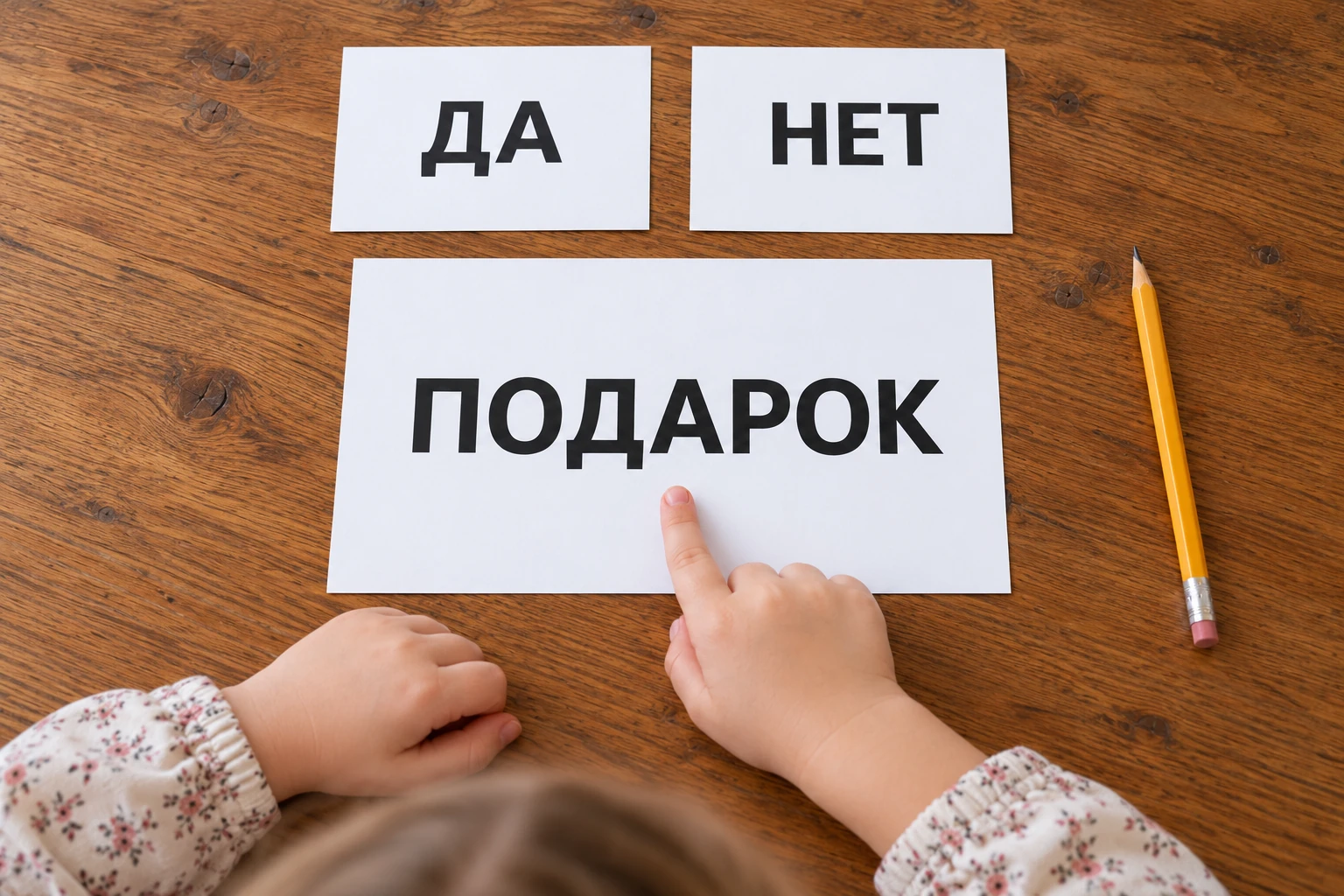 Слово «ПОДАРОК» на листе под карточками «ДА» и «НЕТ»